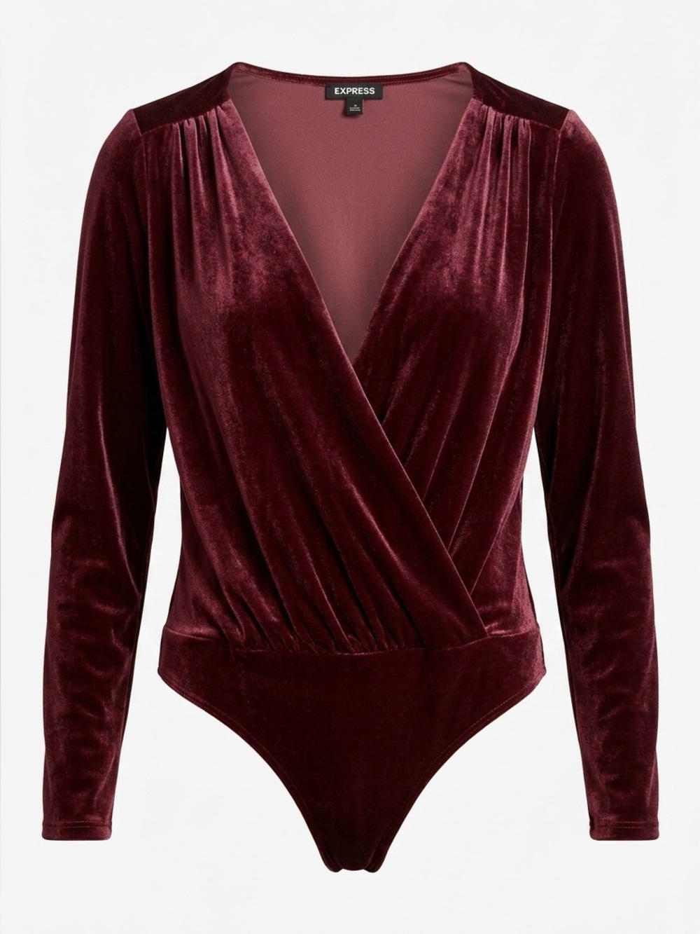 Express Wine Velvet Wrap-Front Long Sleeve Bodysuit SIZE SMALL